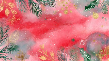 Festive watercolor Christmas background with pine branches holly ornaments and gentle snowflakes