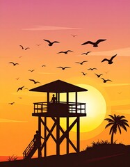 Sunset Silhouette - Lifeguard Tower, Birds, and Coastal Serenity.