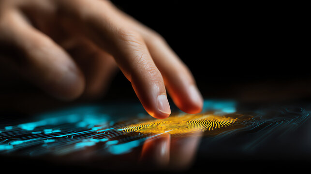 A close-up of a finger scanning a bright yellow fingerprint on a digital biometric security interface with futuristic blue circuitry patterns - Powered by Adobe