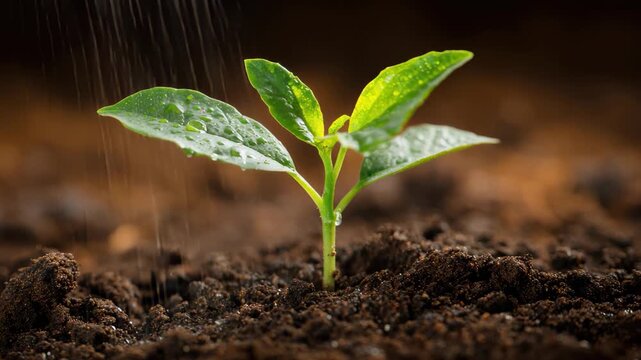 Young plant sprouts from rich dark soil under bright light, symbolizing growth and renewal in a nurturing environment