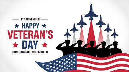 Honoring american heroes happy veterans day with silhouette soldiers saluting jets and waving us flag