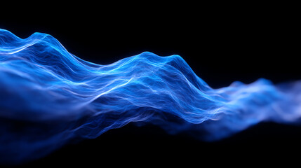 Blue flowing wave lines on a black background, resembling abstract energy or digital fluid motion with glowing light effects
