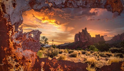 Sunset Through Arches National Parks Landscape.