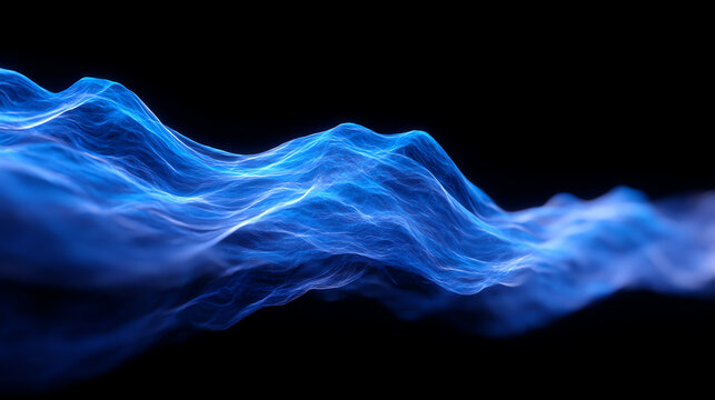 Blue flowing wave lines on a black background, resembling abstract energy or digital fluid motion with glowing light effects