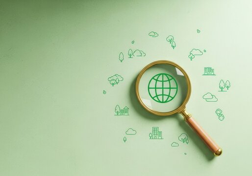 Magnifying glass reveals a glowing green globe surrounded by small environmental icons on a soft green background