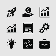 Minimalist Solid Black Business & Startup Success Icon Set