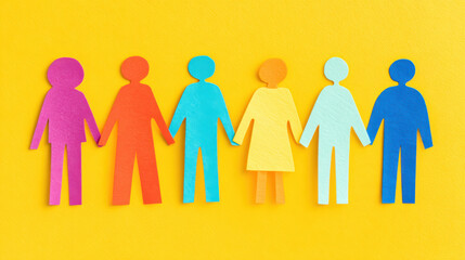 Colorful paper cutout figure shows community and connection. group together in unity and diversity on yellow background symbolizing harmony