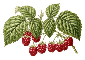 Vintage botanical illustration of a raspberry bush branch with ripe red berries and green leaves