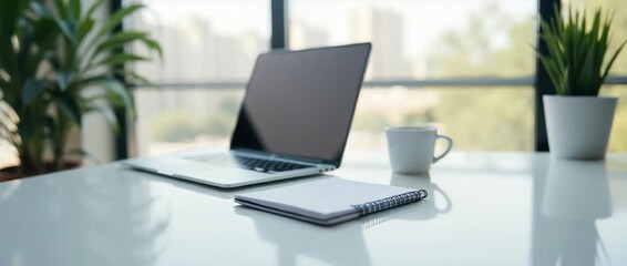 Modern office desk with a sleek laptop and notebook; soft ambient light flickers as the camera gently pans right, highlighting minimalist design and workspace productivity in a cinematic style.