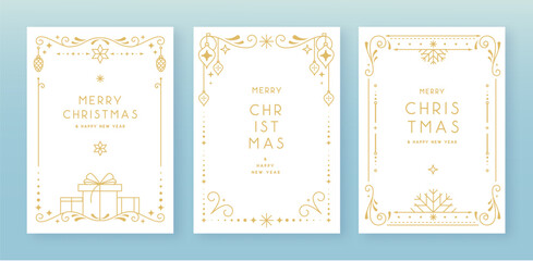 Set of modern Christmas frames or holiday greeting cards on white background. Line art vector illustration © annbozhko