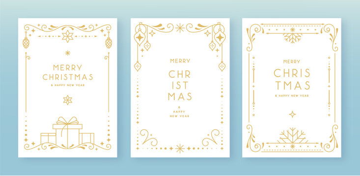 Set of modern Christmas frames or holiday greeting cards on white background. Line art vector illustration