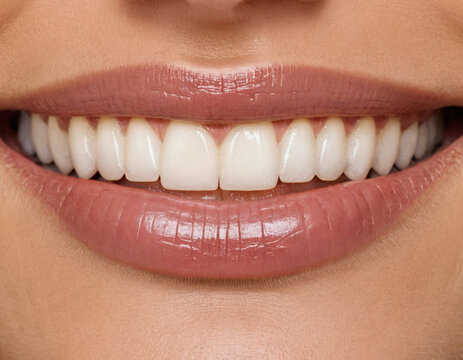 Close-up of smiling woman showing perfect white teeth and healthy oral care on grey background