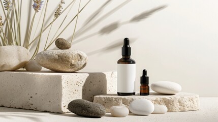 Top Down Flat Lay of Natural Organic Skincare Ingredients including Lavender Essential Oils and Raw Botanical Elements on a Stone Surface