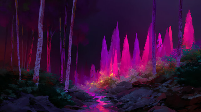 A mystical forest scene at night with glowing pink and purple trees, a bright winding stream, and tall slender tree trunks creating an enchanting, dreamlike atmosphere - Powered by Adobe