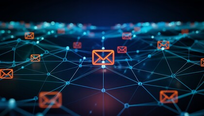 Abstract digital network of glowing nodes and lines connecting orange envelopes symbolizing communication and data transfer in cyberspace