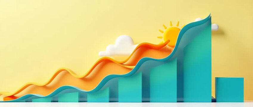 Colorful bar charts rise dynamically in a vibrant, minimalist landscape as the camera gently pans across, with sunlight casting playful shadows, creating a cinematic business growth visualization.