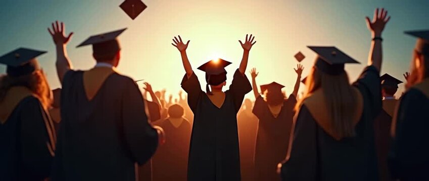 Graduates joyfully toss caps in the air as the camera pans slowly, capturing the vibrant celebration against a cinematic sunset, with gentle breezes adding dynamic motion to the scene.