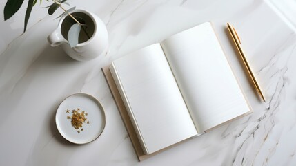 Minimalist New Year Resolution Flat Lay with Blank Notebook Brass Pen and Gold Confetti on Marble Background for Planning Concept