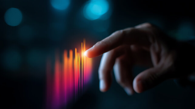 A finger interacts with a glowing, colorful digital soundwave interface against a dark, blurred background, symbolizing technology, innovation, and audio control