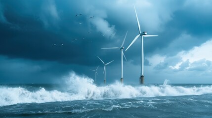 Cinematic Offshore Wind Farm Landscape at Sunset with Silhouetted Turbines and Seabirds showing Renewable Energy Transition and Nature Coexistence