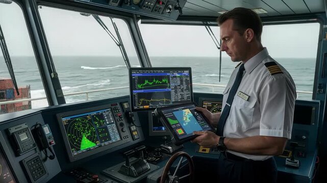 Professional ship captain navigates a large cargo vessel using advanced digital charts and radar technology on the bridge, ensuring safe passage across the ocean, 4K, footage