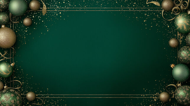 Luxurious Christmas background, deep emerald green with metallic gold ornaments along the borders, elegant ribbon details, soft golden sparkles, refined and upscale style