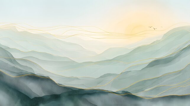 Serene watercolor landscape misty mountains hills airy background perfect for prints wallpaper textiles
