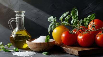 Rustic Farm to Table Still Life with Heirloom Tomatoes on Vine Olive Oil and Sea Salt on Old Wooden Surface showing Fresh Seasonal Harvest