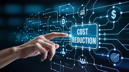 Hand pressing a glowing digital button labeled cost reduction on a futuristic technological interface with circuit board patterns and icons