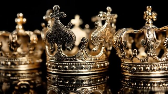 A row of ornate gold crowns gleams against black, intricate filigree and regal symmetry. muted glow!