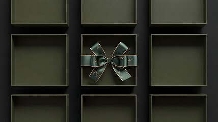 An open dark green gift box with a satin ribbon bow sits centrally amongst a grid of closed empty boxes