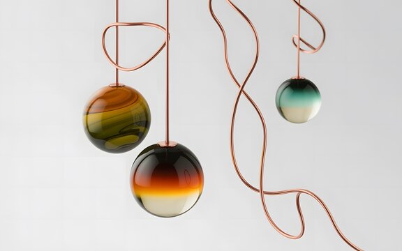 Hand blown glass pendants suspended with delicate cords and copper accents