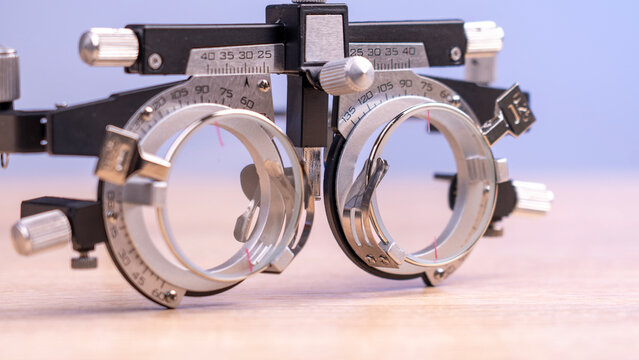 Unique eyeglasses for vision assessment, detecting eye disorders. High quality photo