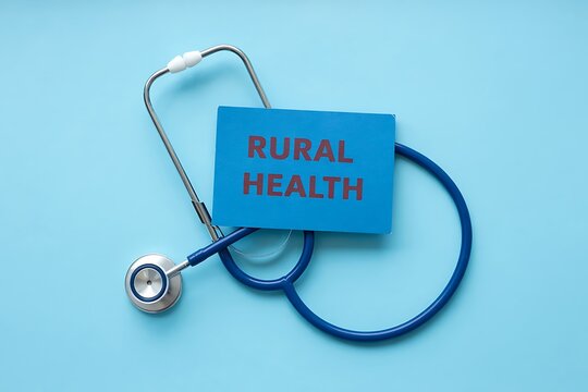 Stethoscope resting on a bright blue background with a torn piece of blue paper displaying the words rural health