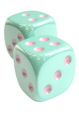 Two light blue dice with pink dots isolated on transparent background, representing chance, gambling, and board games, perfect for educational and recreational designs