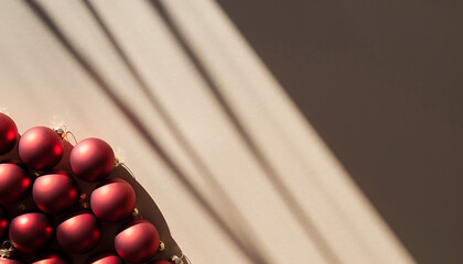 Elegant holiday cheer with radiant red ornaments and soft light, perfect for festive designs, seasonal greetings, and warm, inviting Christmas promotions