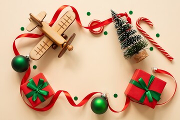 Obraz premium Festive christmas wreath arrangement with a wooden airplane toy miniature tree candy canes red ribbon green baubles and gift boxes on a light background