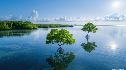Aerial Drone View of Large Scale Mangrove Reforestation Project in Coastal Mudflats showing Young Saplings and Blue Carbon Concept at Sunset