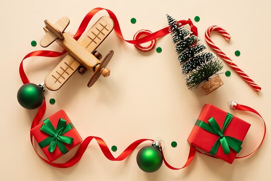 Festive christmas wreath arrangement with a wooden airplane toy miniature tree candy canes red ribbon green baubles and gift boxes on a light background