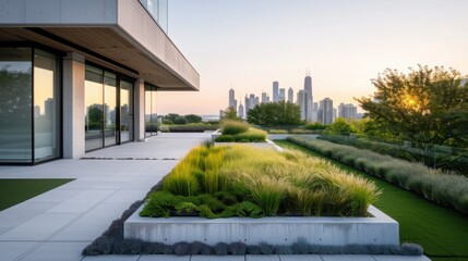 Wide Landscape View of expansive Green Roof with Sedum Plants on Modern City Building at Dusk showing Urban Sustainability and Architecture