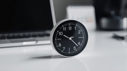 A black and white round clock sits on a white table next to a laptop, suggesting a workspace