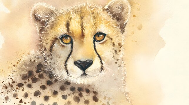 Expressive cheetah portrait watercolor art captures golden amber hues and elegant feline beauty