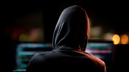 Person in a dark hoodie facing multiple computer screens, illuminated by their glow, suggesting a hacker or coder working in a dimly lit environment