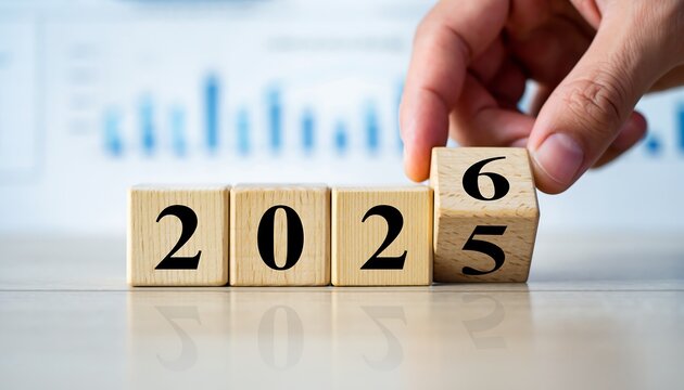 Hand turning wooden blocks from 2025 to 2026 symbolizing the transition and change into the new year ahead - Powered by Adobe