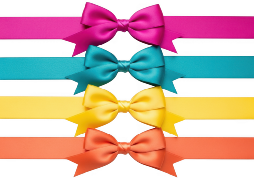 Four colorful satin ribbons with bows in pink, teal, yellow, and orange, isolated on transparent background grainy