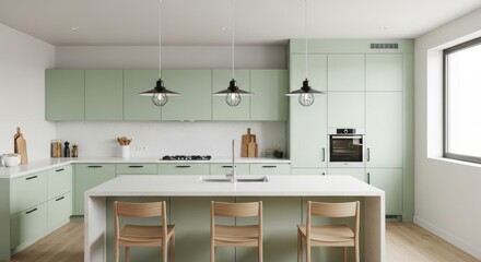 Fototapeta premium Kitchen interior with mint cabinets, island, and pendant lights at modern home.