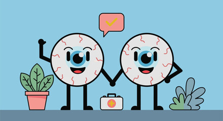 Two cartoon eyeballs holding hands with a first aid kit between them.