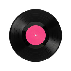 Fototapeta premium Black 7-inch vinyl record, vibrant pink label, white center hole, subtle grooves, perfectly centered on transparent studio background, evoking timeless media nostalgia concept