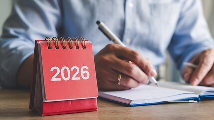 Close up of a person writing in a notebook next to a red desk calendar showing the year 2026