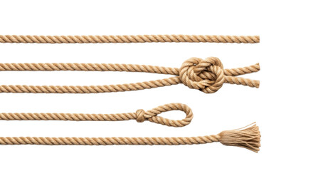 Natural brown jute rope elements (straight, square knot, loop, frayed end) arranged horizontally on a stark white studio background, high-key macro shot. Concept of corporate strength and connection